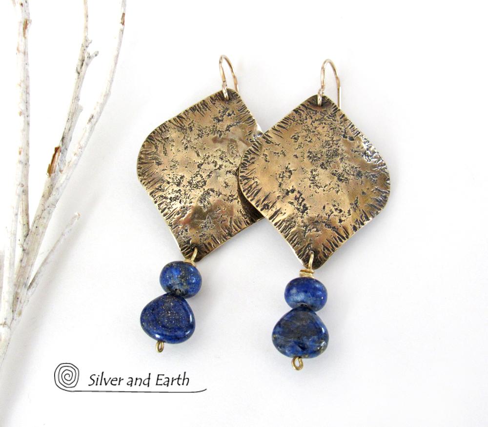 Gold Brass Earrings with Lapis Lazuli Gemstones - Bold Exotic Moroccan Jewelry