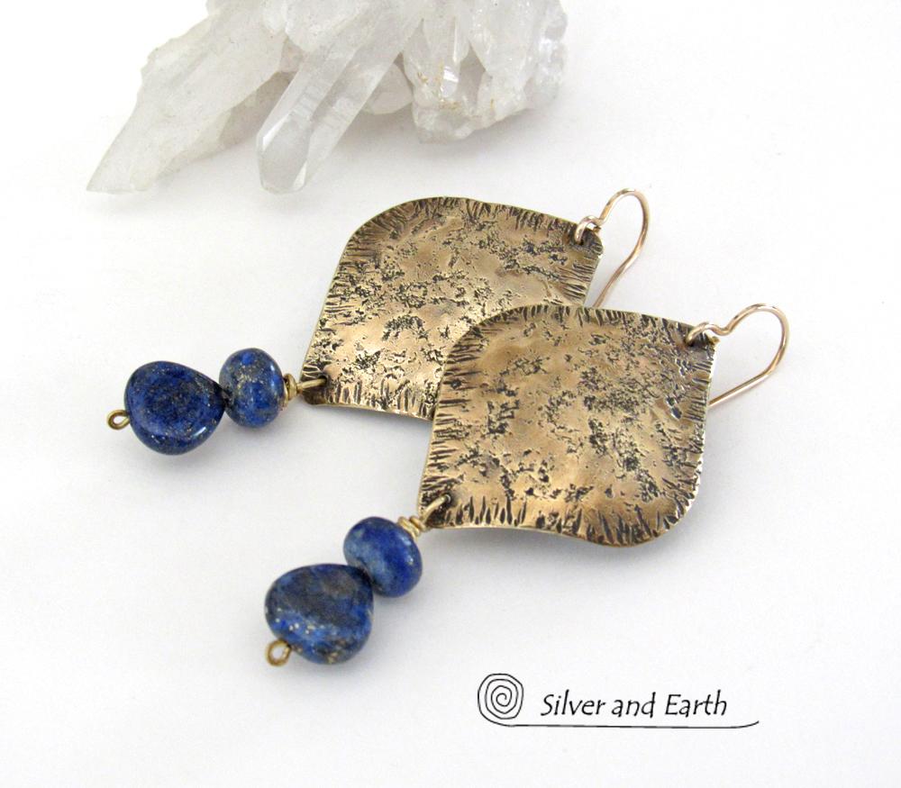 Gold Brass Earrings with Lapis Lazuli Gemstones - Bold Exotic Moroccan Jewelry