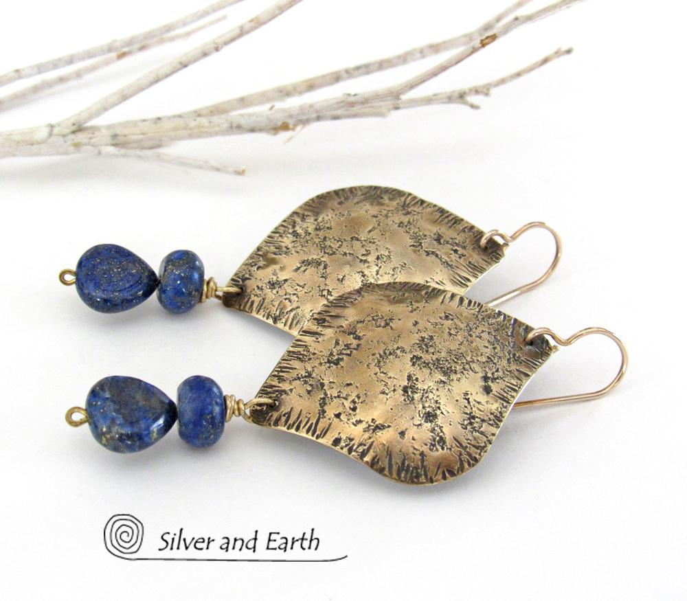 Gold Brass Earrings with Lapis Lazuli Gemstones - Bold Exotic Moroccan Jewelry