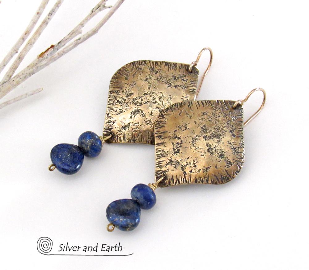 Gold Brass Earrings with Lapis Lazuli Gemstones - Bold Exotic Moroccan Jewelry