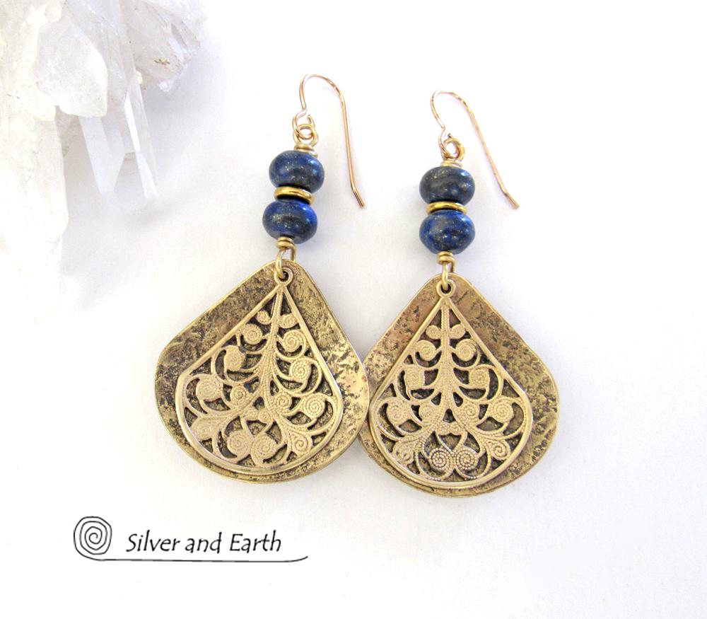 Gold Brass Filigree Earrings with Lapis Lazuli Gemstones - Bold Exotic Jewelry