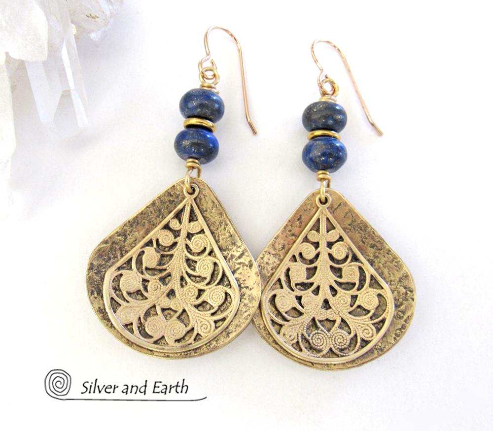 Gold Brass Filigree Earrings with Lapis Lazuli Gemstones - Bold Exotic Jewelry