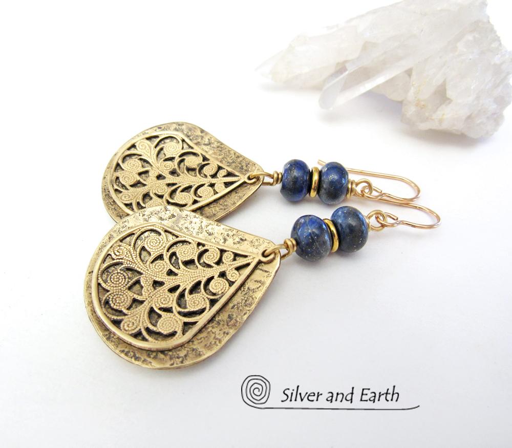 Gold Brass Filigree Earrings with Lapis Lazuli Gemstones - Bold Exotic Jewelry