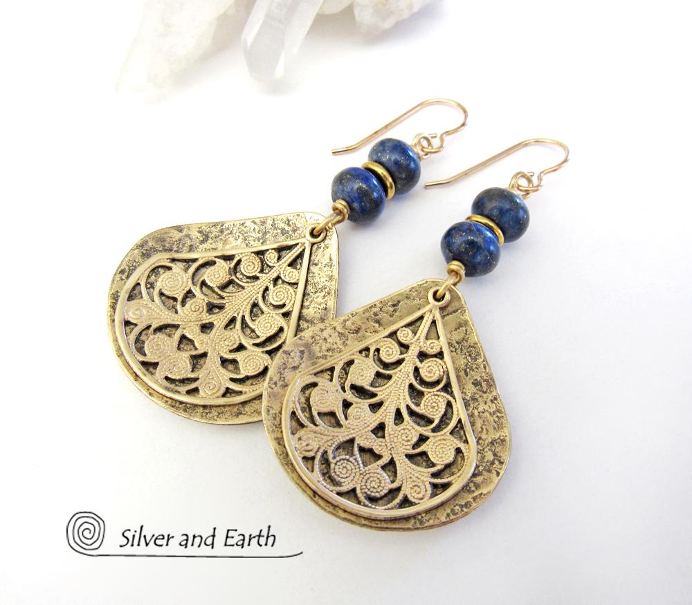 Gold Brass Filigree Earrings with Lapis Lazuli Gemstones - Bold Exotic Jewelry