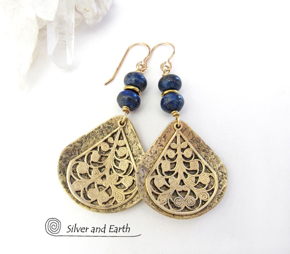 Gold Brass Filigree Earrings with Lapis Lazuli Gemstones - Bold Exotic Jewelry