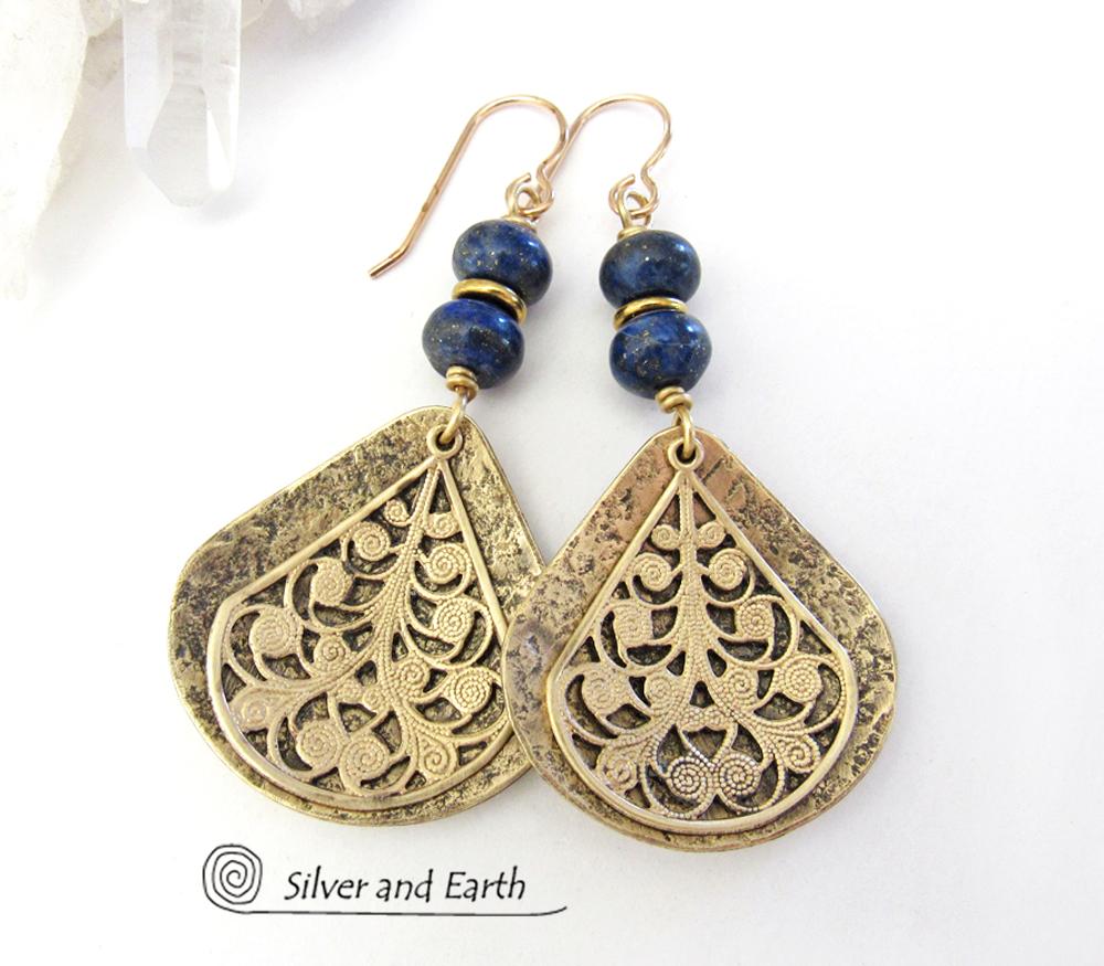 Gold Brass Filigree Earrings with Lapis Lazuli Gemstones - Bold Exotic Jewelry