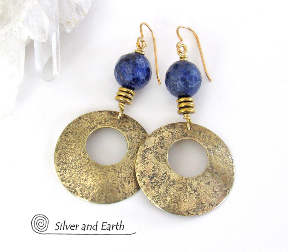 Gold Brass Hoop Earrings with Blue Lapis Gemstones - Modern Chic Jewelry