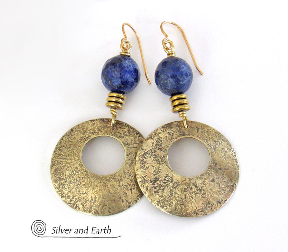 Gold Brass Hoop Earrings with Blue Lapis Gemstones - Modern Chic Jewelry