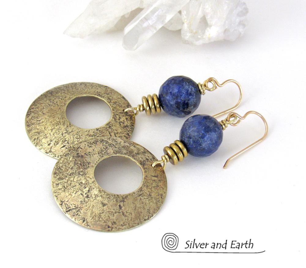 Gold Brass Hoop Earrings with Blue Lapis Gemstones - Modern Chic Jewelry