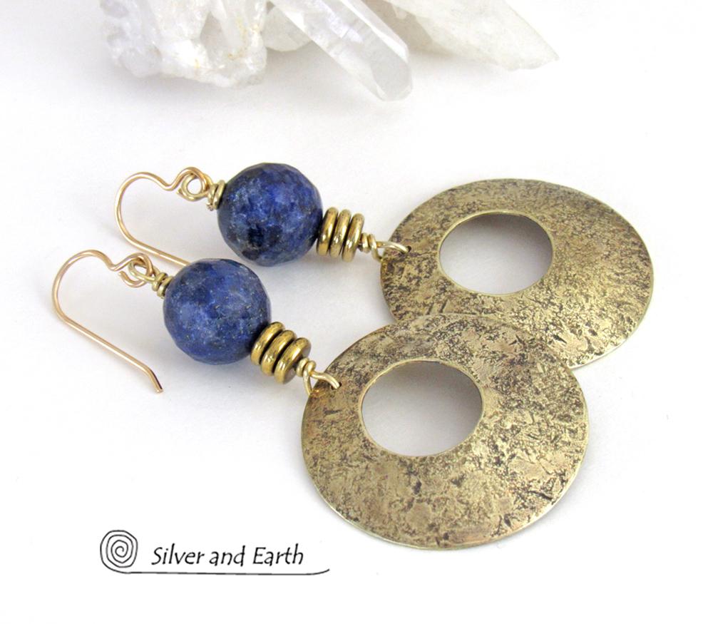Gold Brass Hoop Earrings with Blue Lapis Gemstones - Modern Chic Jewelry