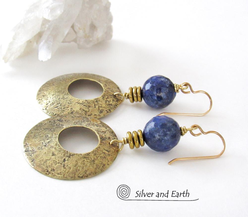 Gold Brass Hoop Earrings with Blue Lapis Gemstones - Modern Chic Jewelry