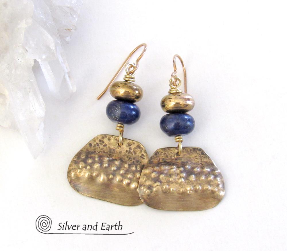 Gold Brass Dangle Earrings with Blue Lapis Stones - Unique Boho Chic Jewelry