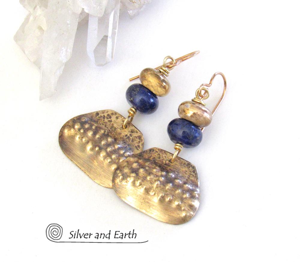 Gold Brass Dangle Earrings with Blue Lapis Stones - Unique Boho Chic Jewelry