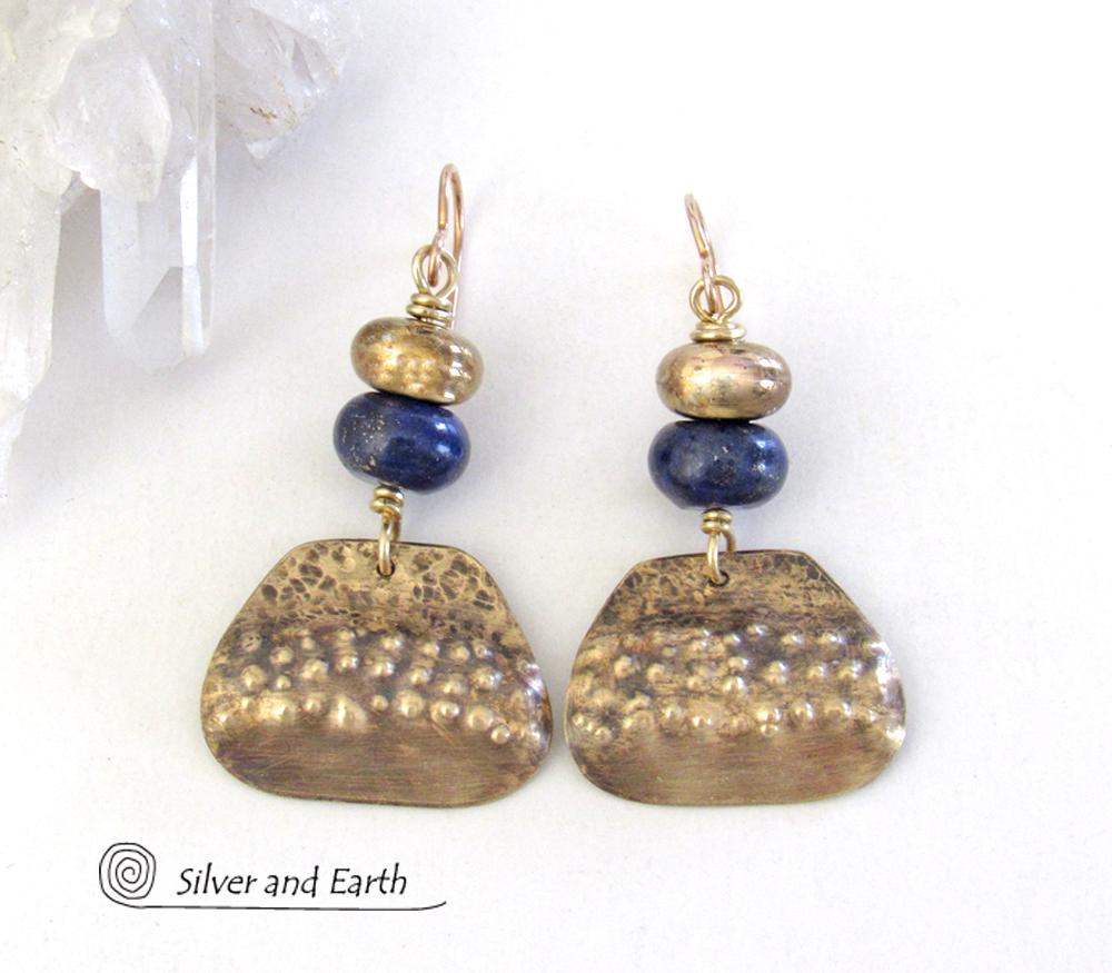 Gold Brass Dangle Earrings with Blue Lapis Stones - Unique Boho Chic Jewelry