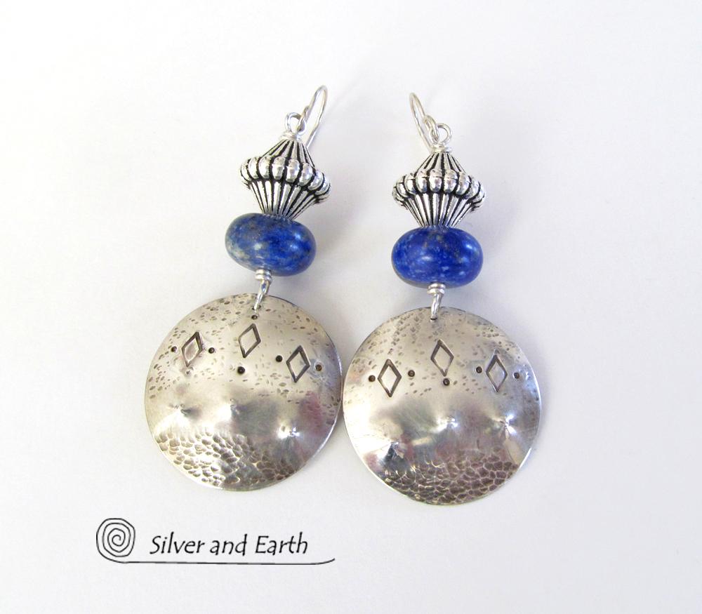 Sterling Silver Tribal Earrings with Blue Lapis Gemstones - Bold Exotic Jewelry
