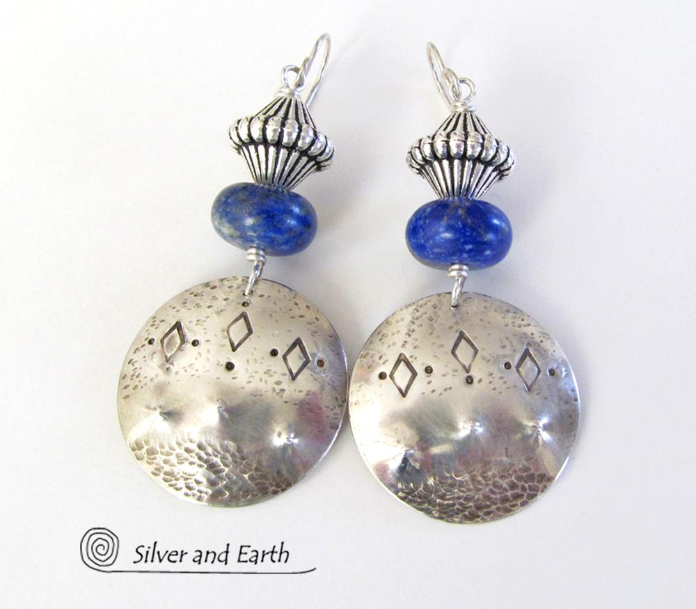 Sterling Silver Tribal Earrings with Blue Lapis Gemstones - Bold Exotic Jewelry