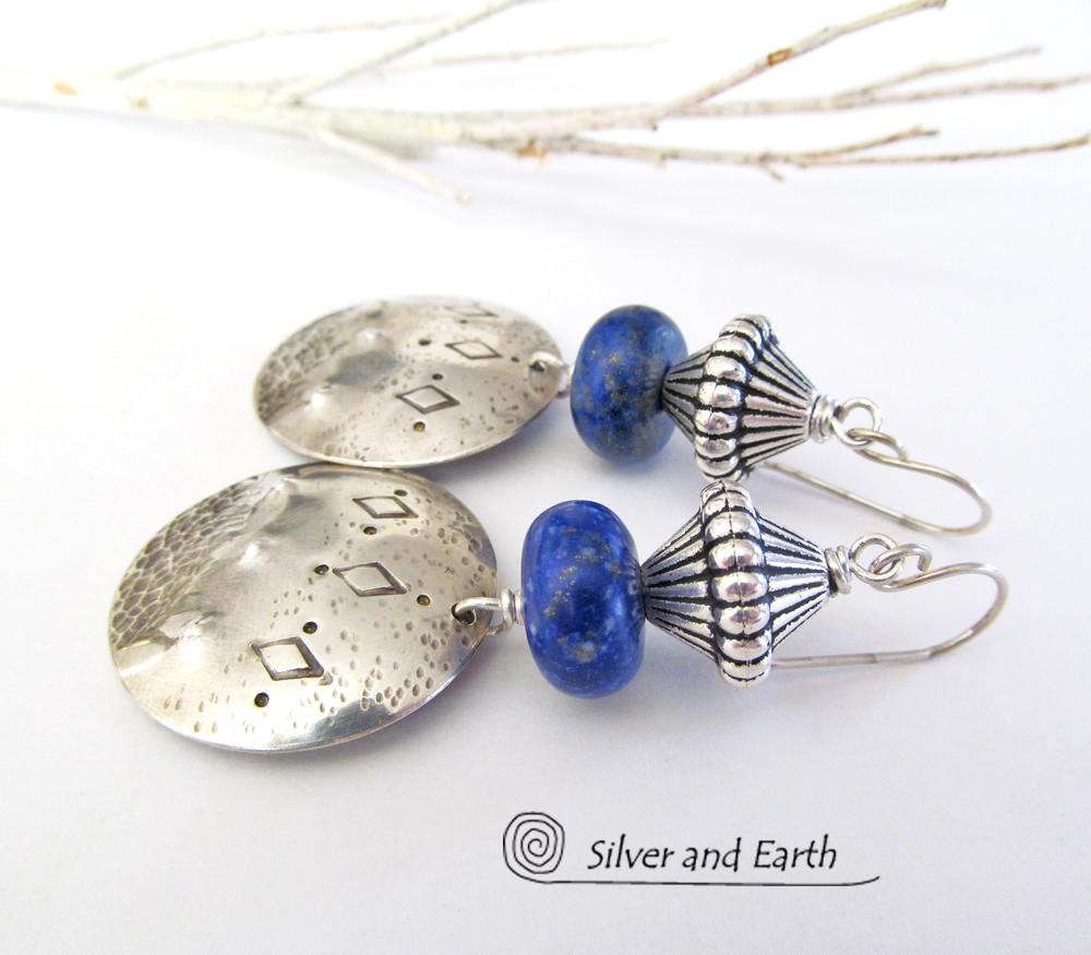 Sterling Silver Tribal Earrings with Blue Lapis Gemstones - Bold Exotic Jewelry