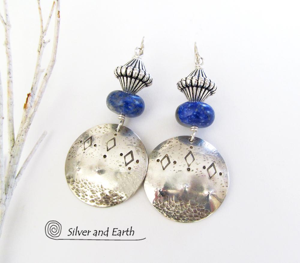 Sterling Silver Tribal Earrings with Blue Lapis Gemstones - Bold Exotic Jewelry