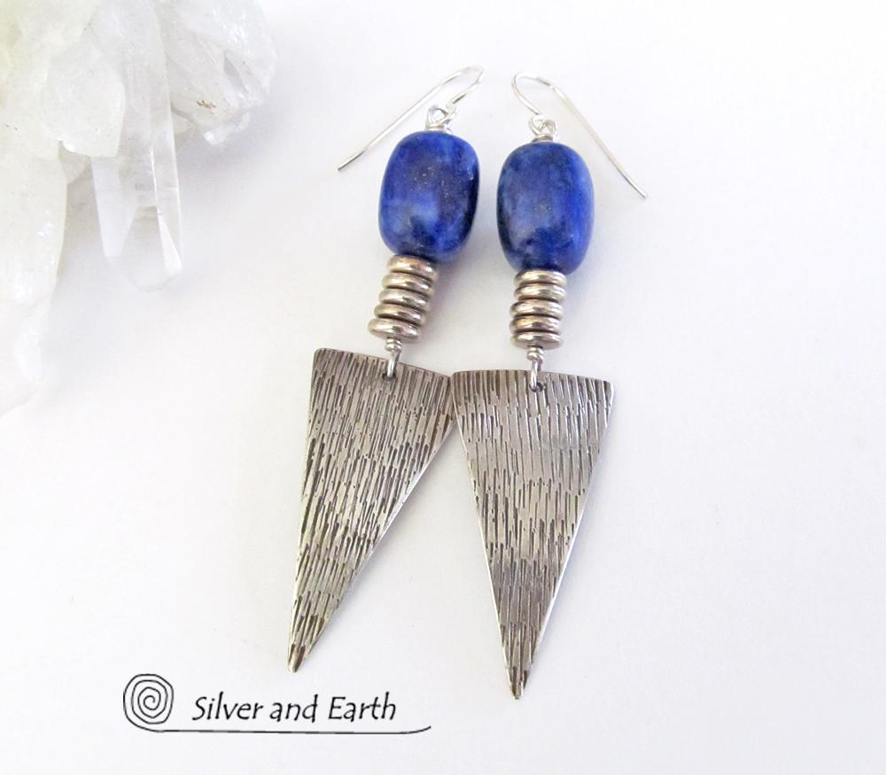 Blue Lapis Sterling Silver Earrings- Bold Edgy Modern Silver Jewelry