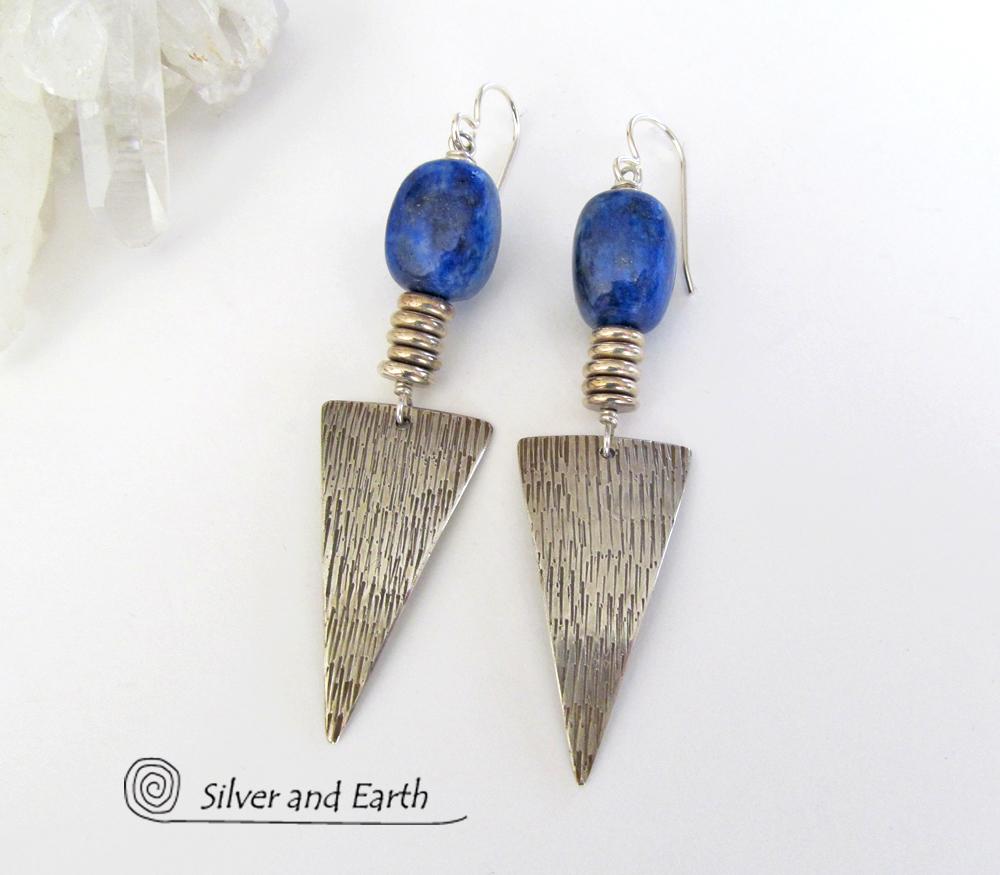 Blue Lapis Sterling Silver Earrings- Bold Edgy Modern Silver Jewelry
