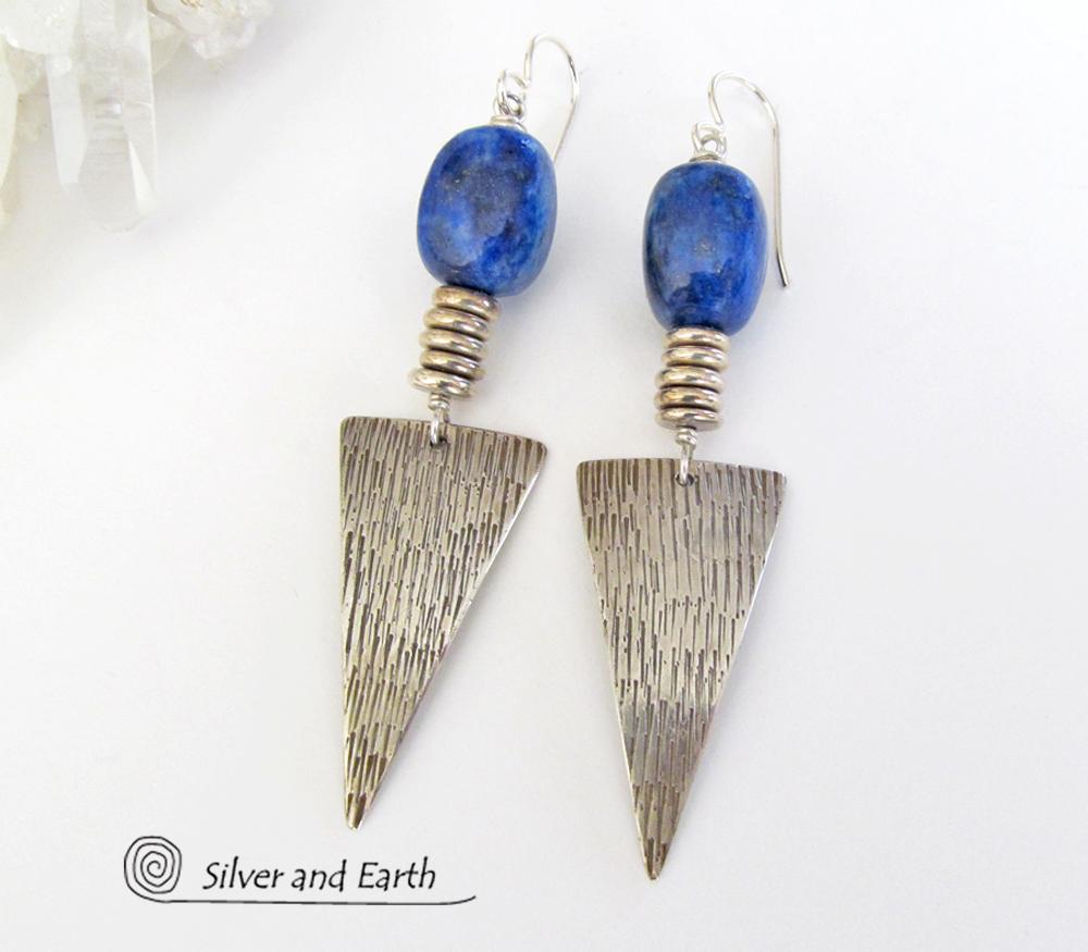 Blue Lapis Sterling Silver Earrings- Bold Edgy Modern Silver Jewelry