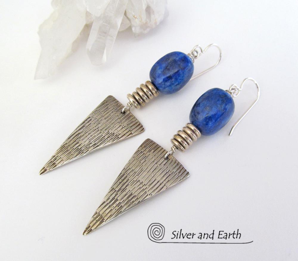 Blue Lapis Sterling Silver Earrings- Bold Edgy Modern Silver Jewelry