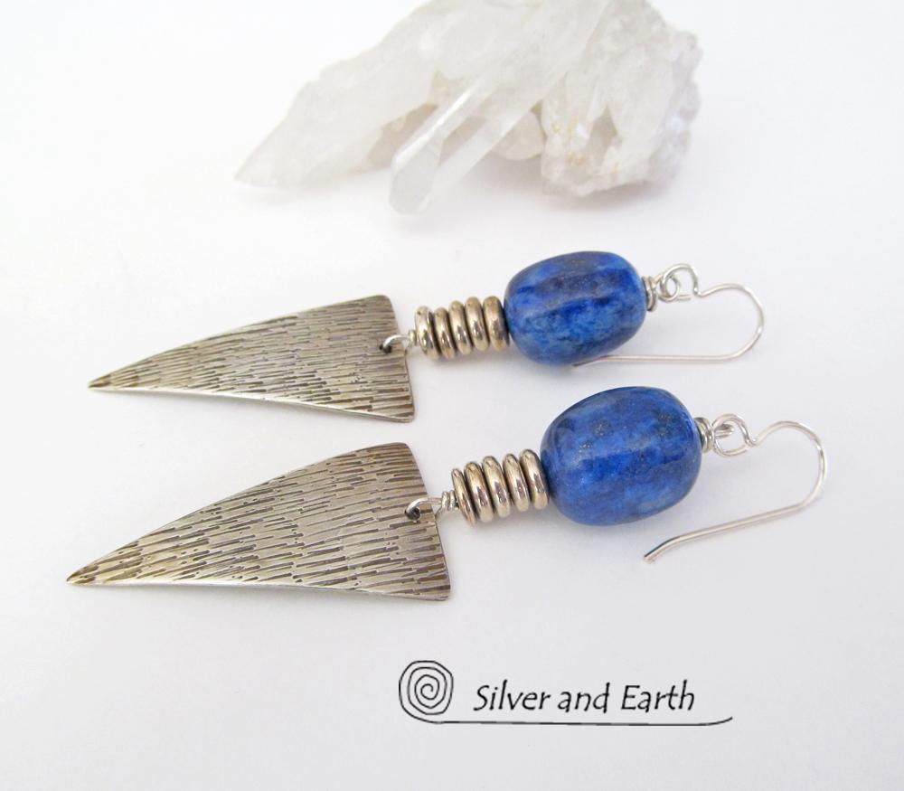 Blue Lapis Sterling Silver Earrings- Bold Edgy Modern Silver Jewelry