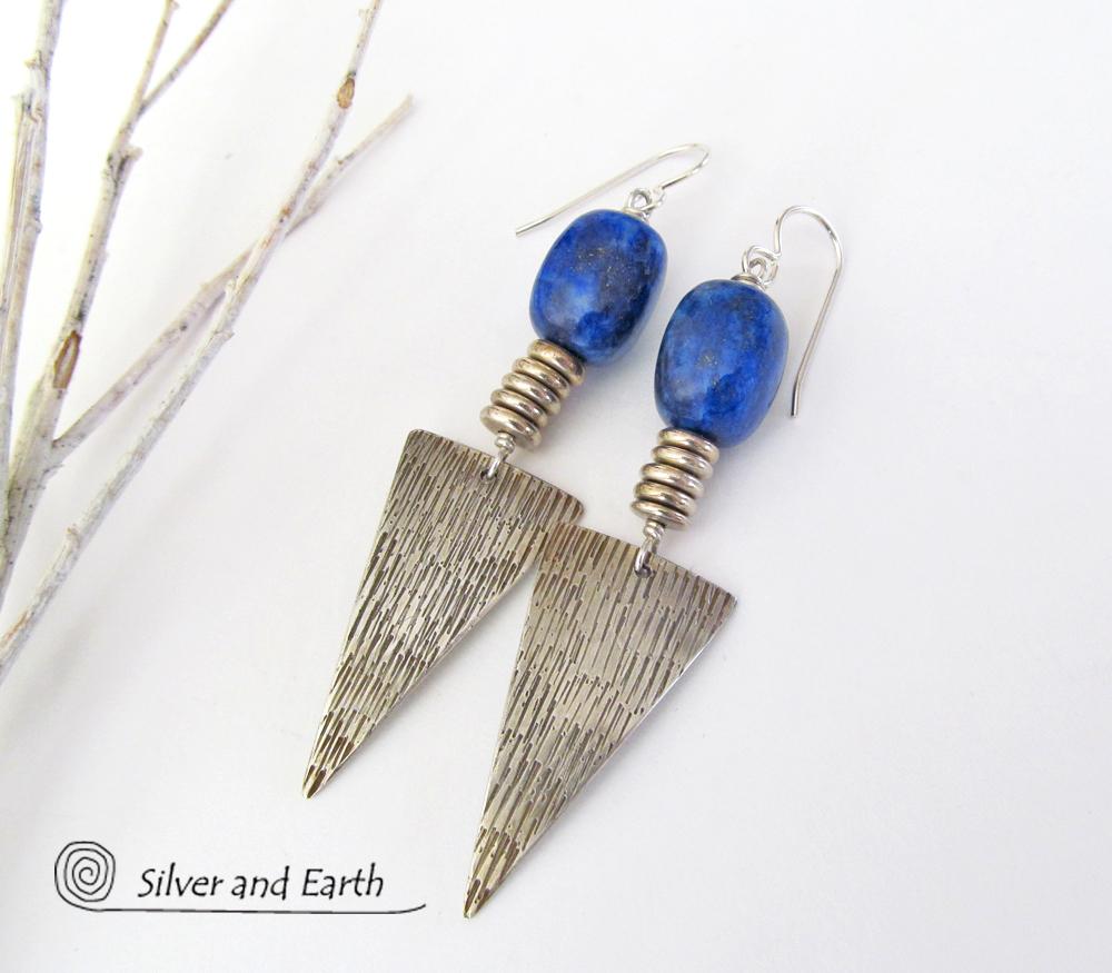 Blue Lapis Sterling Silver Earrings- Bold Edgy Modern Silver Jewelry