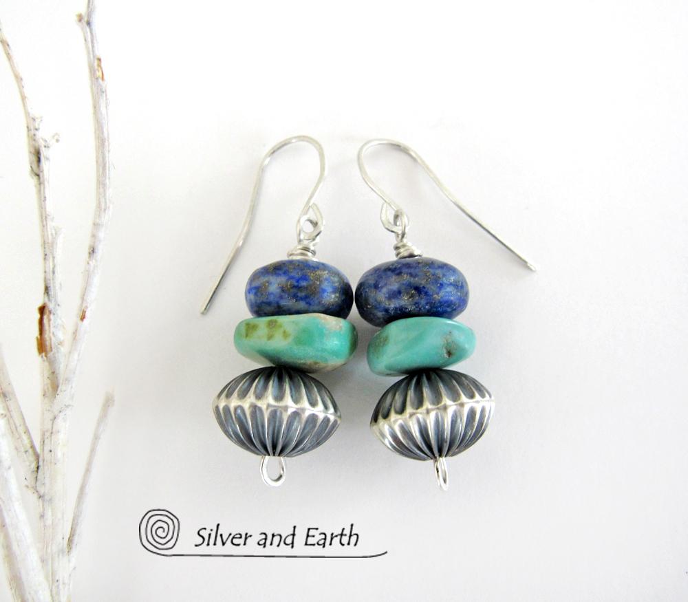 Turquoise & Lapis Earrings with "Navajo Pearl Style" Sterling Silver Beads