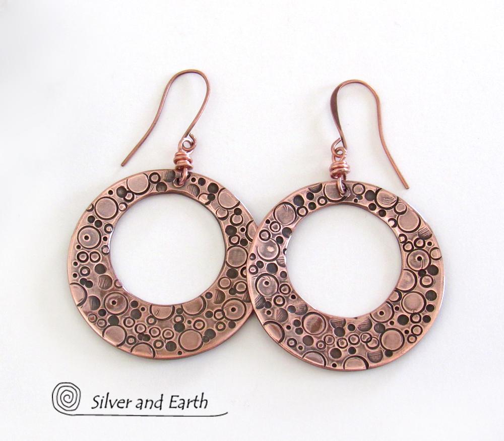 Large Copper Hoop Dangle Earrings with Hand Stamped Texture