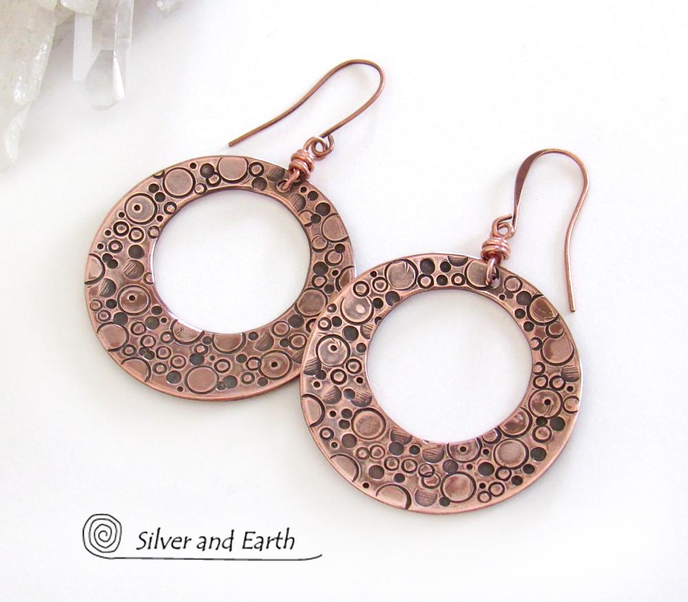 Large Copper Hoop Dangle Earrings with Hand Stamped Texture