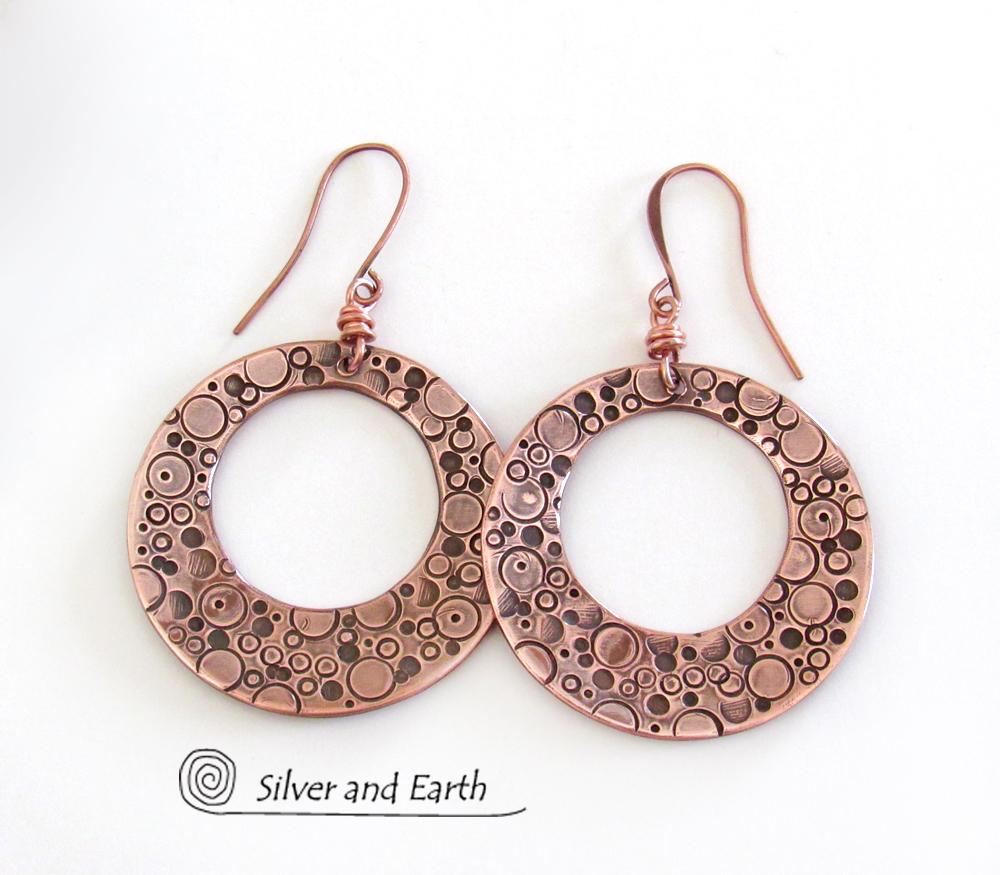 Large Copper Hoop Dangle Earrings with Hand Stamped Texture
