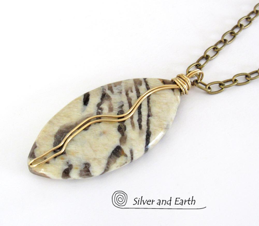 Graphic Feldspar Necklace on Brass Chain - Wire Wrapped Natural Stone Jewelry