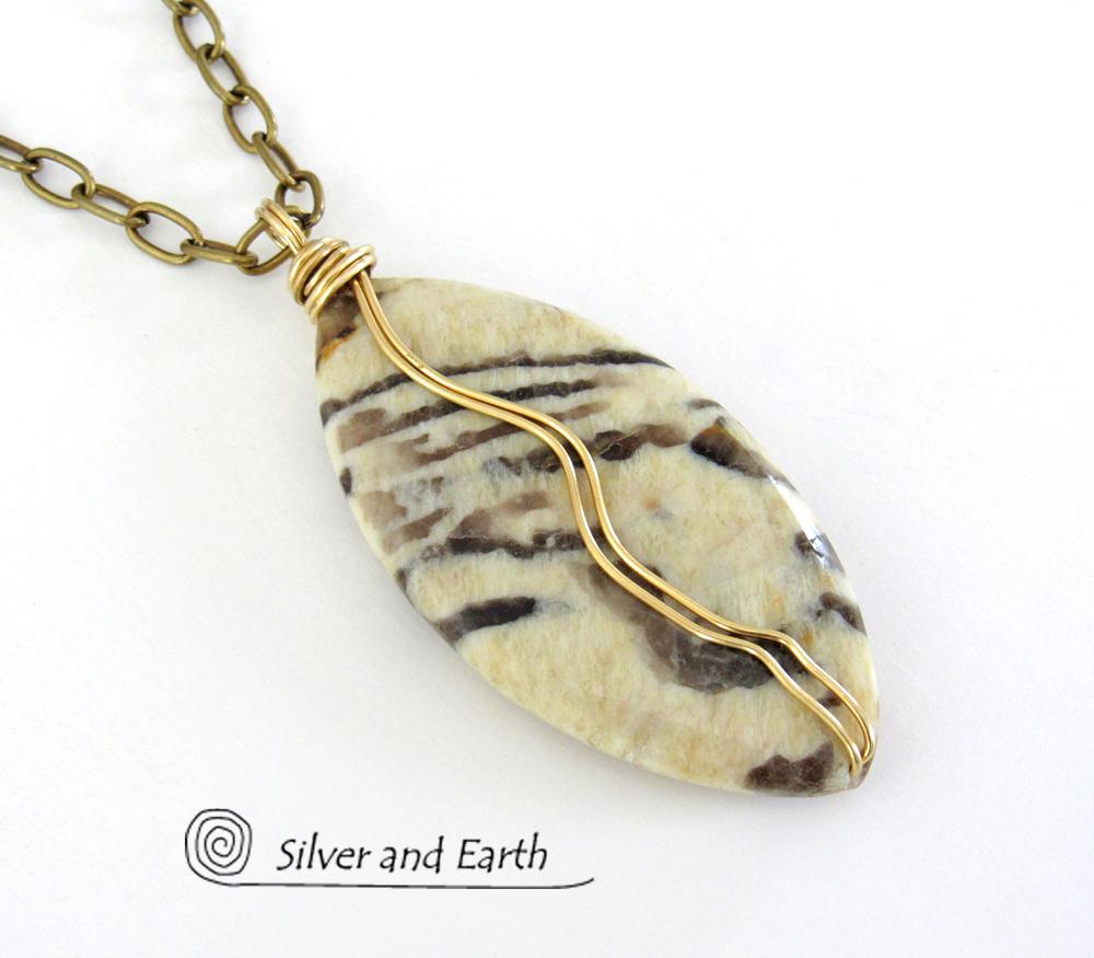 Graphic Feldspar Necklace on Brass Chain - Wire Wrapped Natural Stone Jewelry