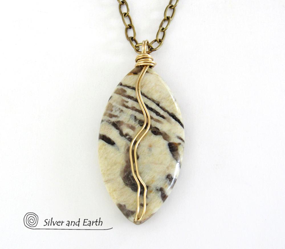 Graphic Feldspar Necklace on Brass Chain - Wire Wrapped Natural Stone Jewelry