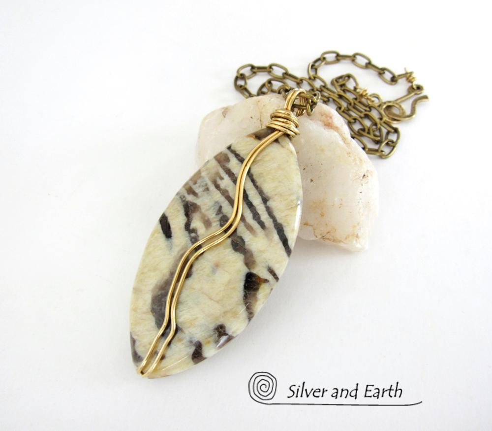 Graphic Feldspar Necklace on Brass Chain - Wire Wrapped Natural Stone Jewelry