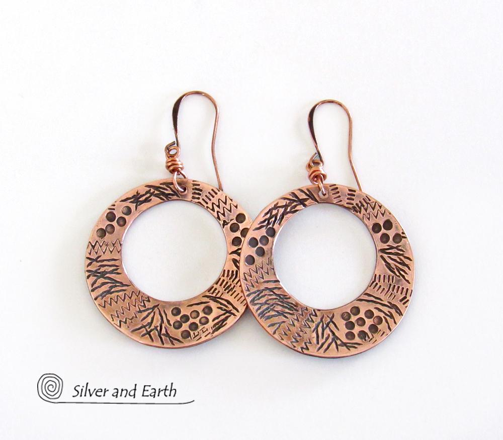 Big Bold Copper Hoop Earrings with Unique Hand Stamped Texture