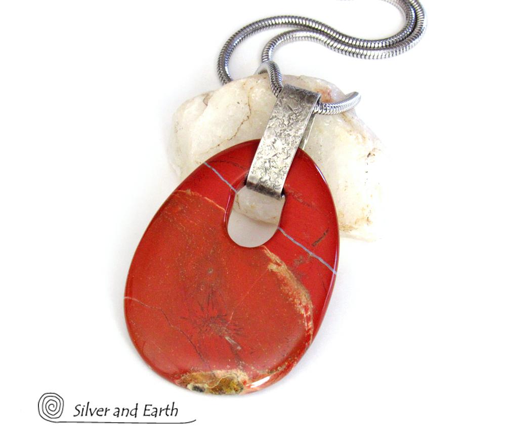Large Red Jasper Stone Pendant Necklace with Sterling Silver