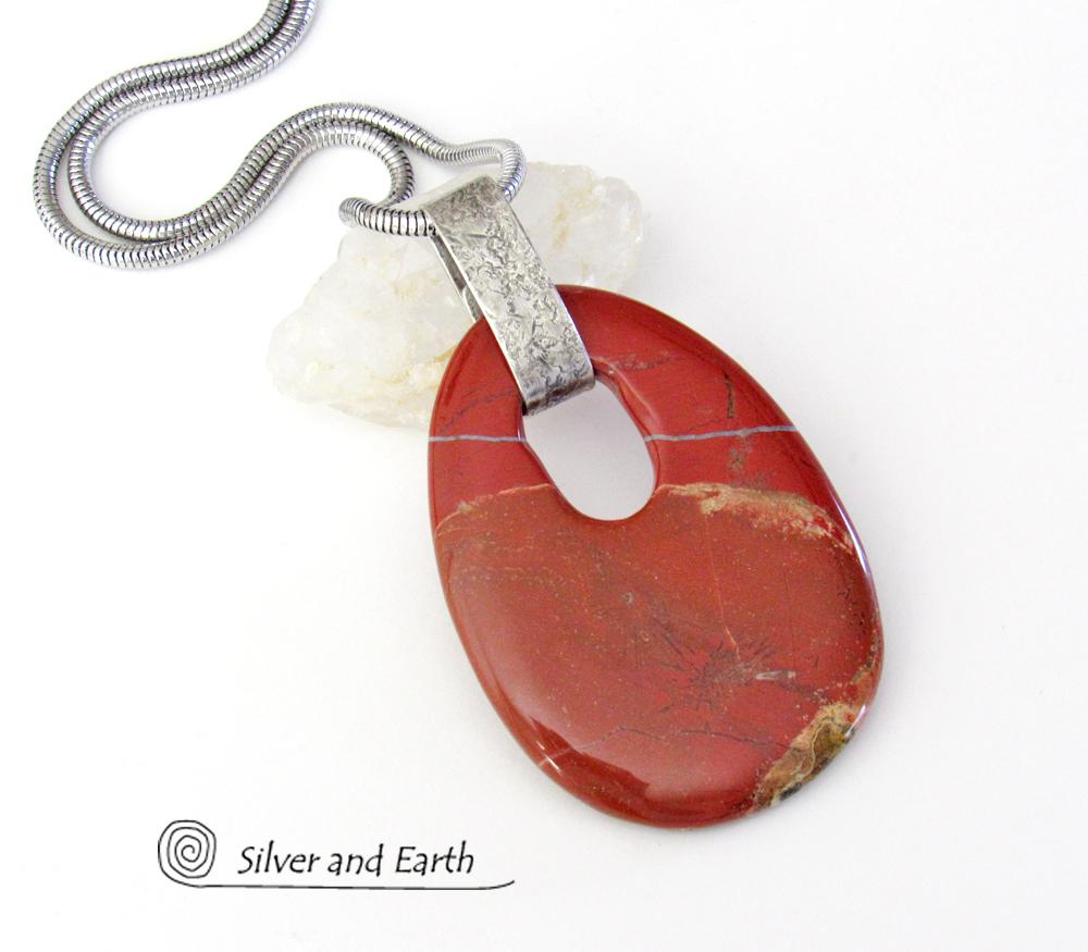 Large Red Jasper Stone Pendant Necklace with Sterling Silver