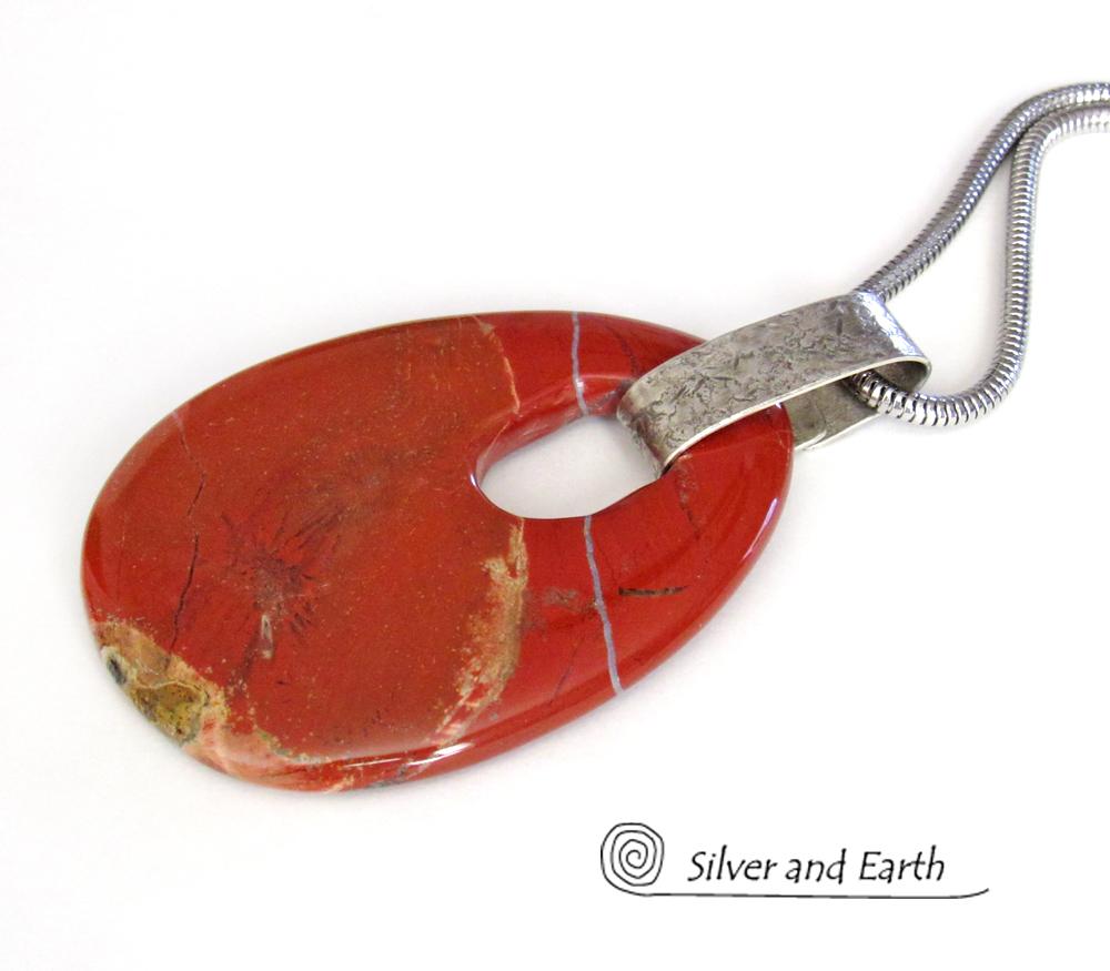 Large Red Jasper Stone Pendant Necklace with Sterling Silver