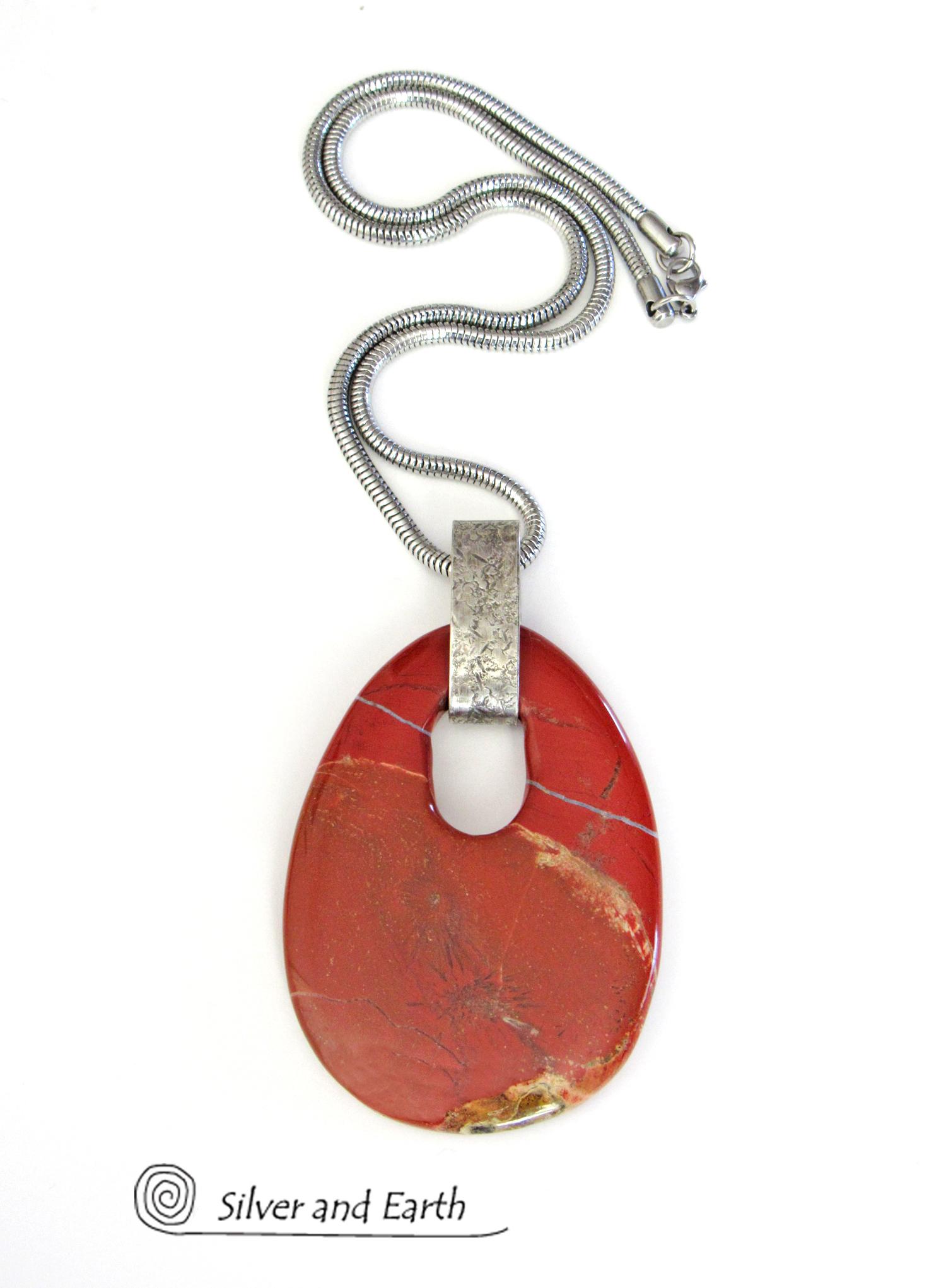 Large Red Jasper Stone Pendant Necklace with Sterling Silver