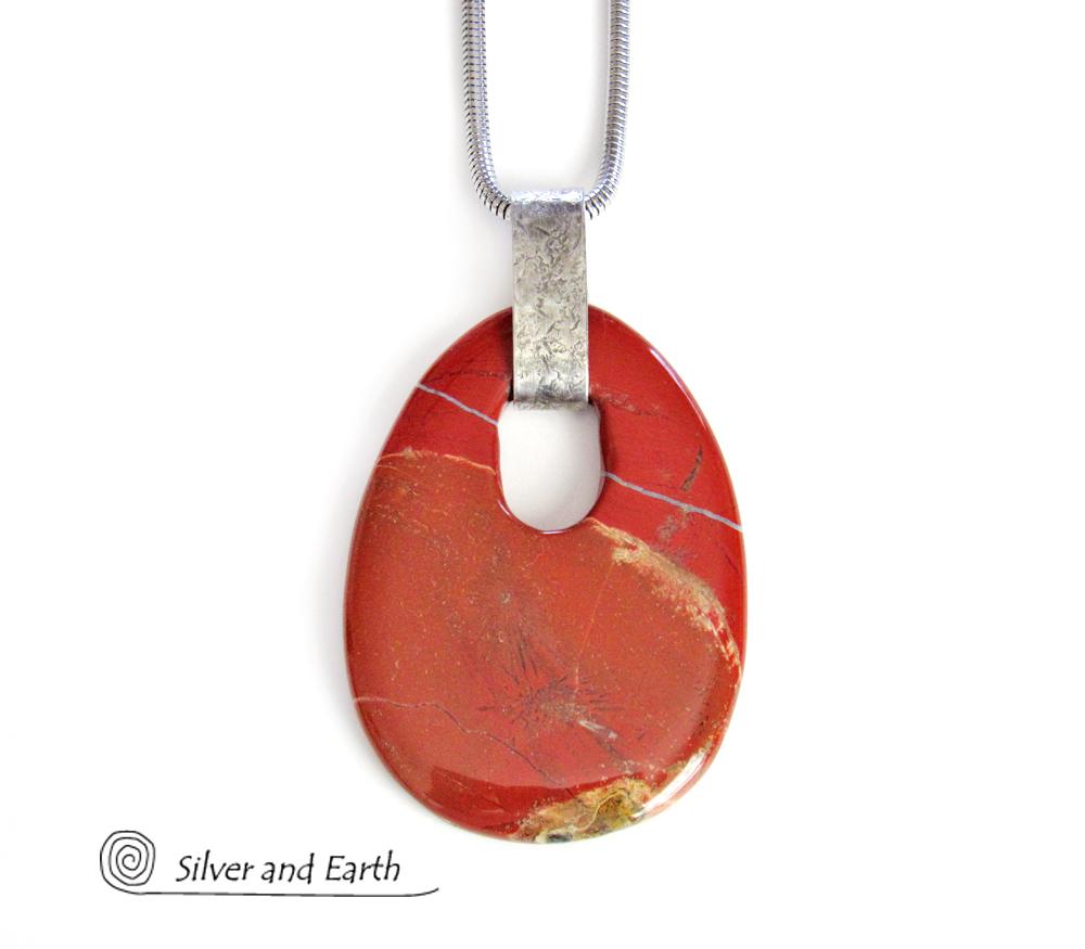 Large Red Jasper Stone Pendant Necklace with Sterling Silver