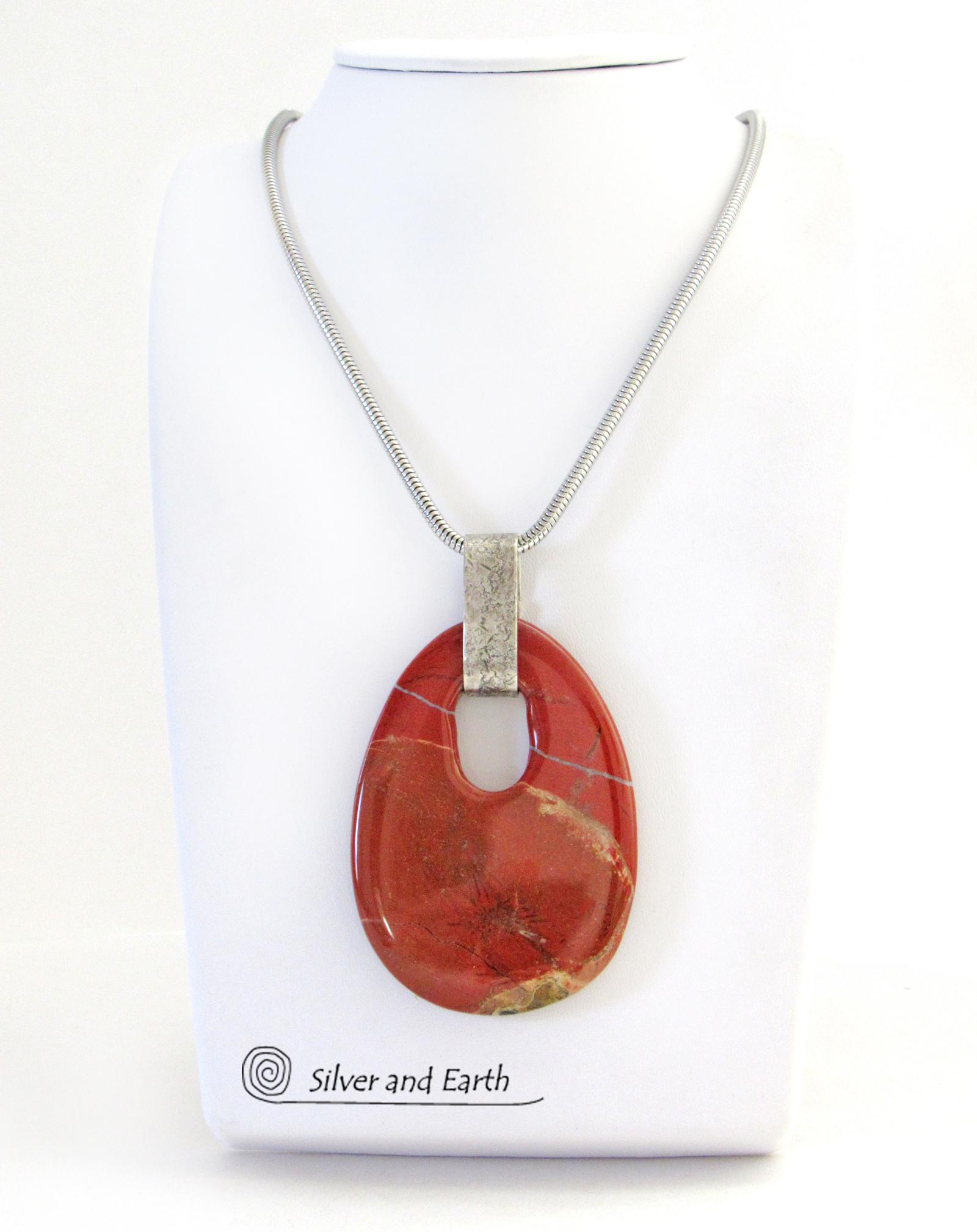 Large Red Jasper Stone Pendant Necklace with Sterling Silver