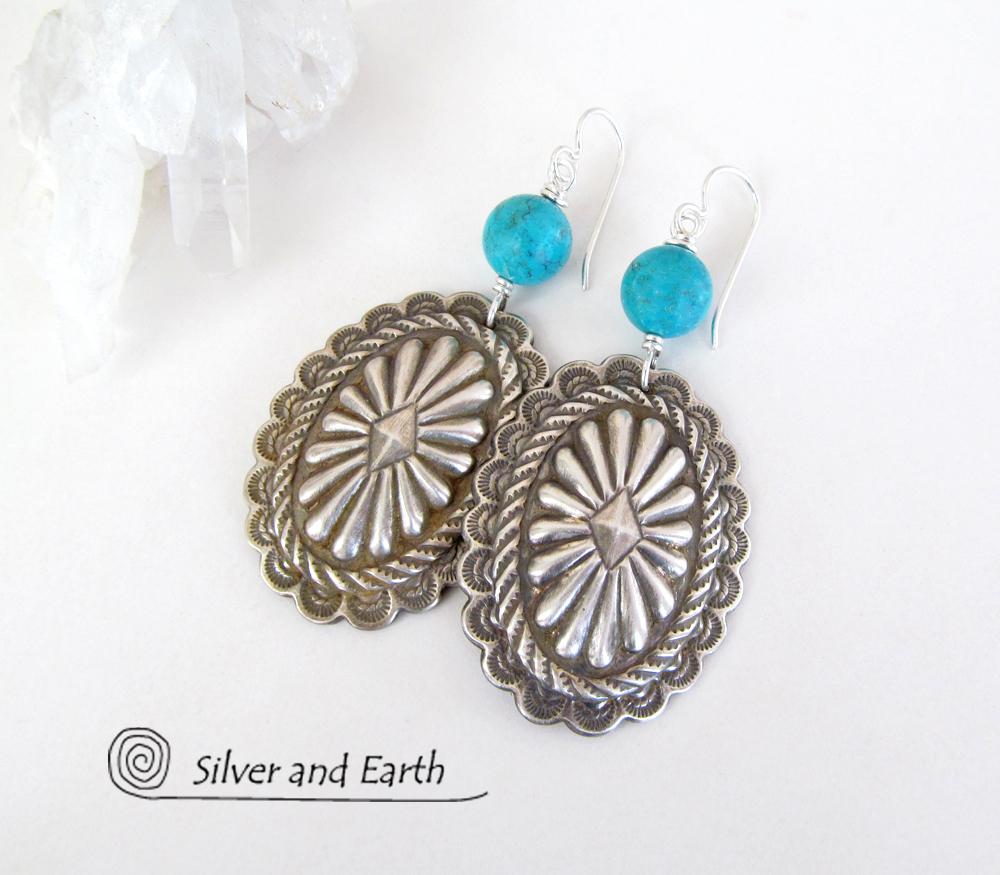 Big Sterling Silver Concho Earrings with Turquoise - Santa Fe Style Jewelry