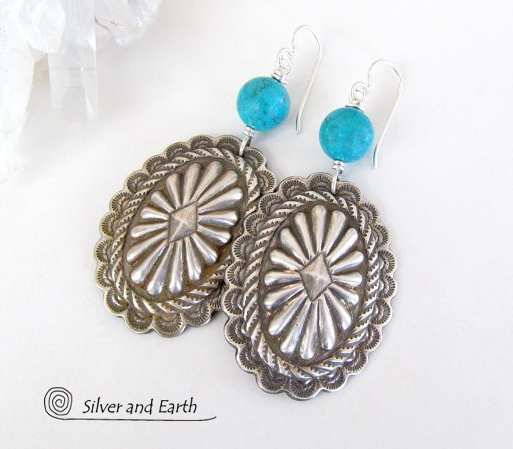 Big Sterling Silver Concho Earrings with Turquoise - Santa Fe Style Jewelry