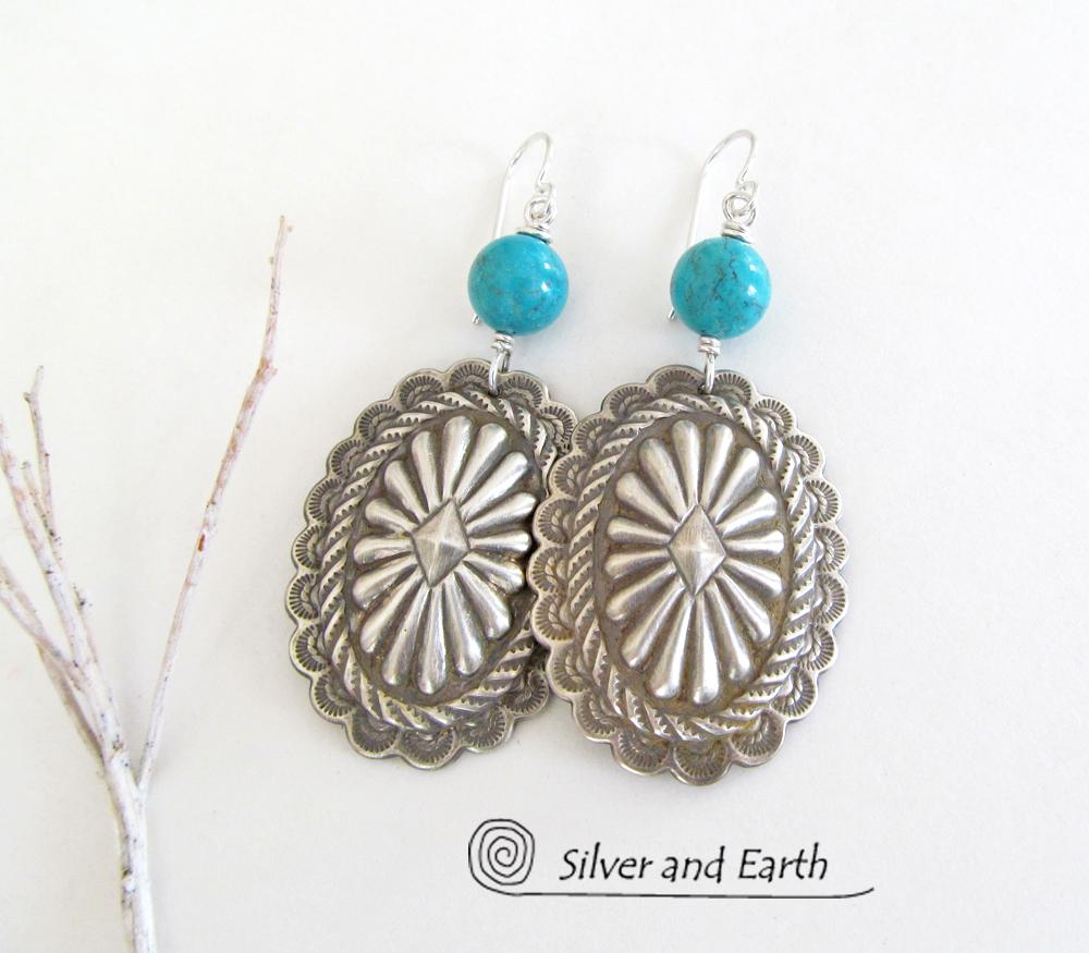 Big Sterling Silver Concho Earrings with Turquoise - Santa Fe Style Jewelry