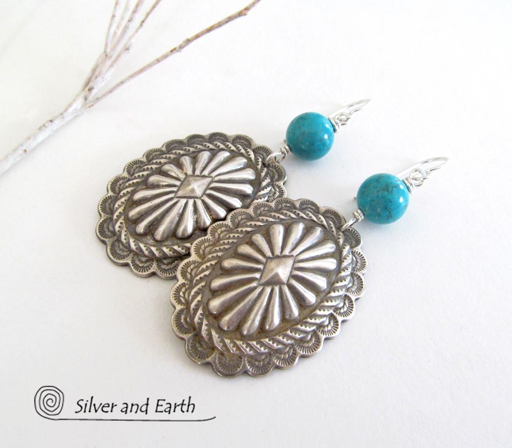 Big Sterling Silver Concho Earrings with Turquoise - Santa Fe Style Jewelry