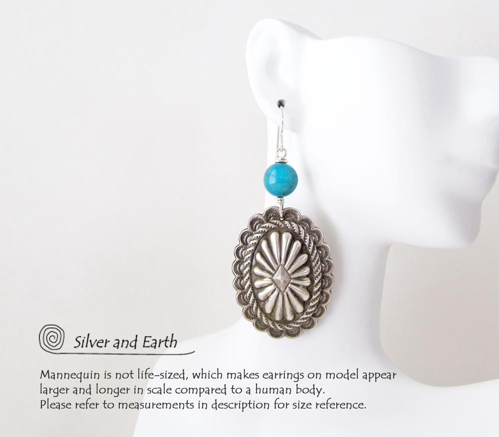 Big Sterling Silver Concho Earrings with Turquoise - Santa Fe Style Jewelry