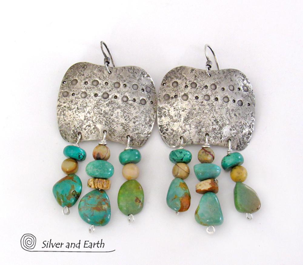 Large Southwest Sterling Silver Earrings with Natural Turquoise Fringe Dangles