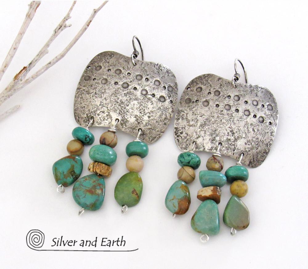 Large Southwest Sterling Silver Earrings with Natural Turquoise Fringe Dangles